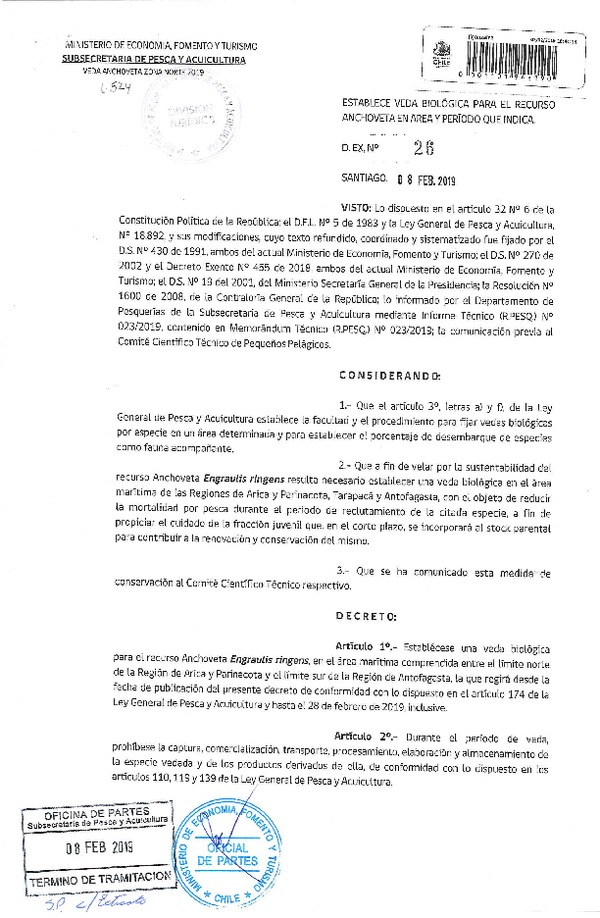 DEC EX 26-2019 ESTABLECE VEDA BIOLÓGICA PARA EL RECURSO ANCHOVETA EN ÁREA Y PREÍODO QUE INDICA (publicado en 08-02-2019) (F.D.O. 19-01-2019) (F.D.O. 13-02-2019)