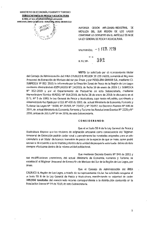 Res. Ex. N° 392-2019 AUTORIZA CESIÓN ARTESANAL-INDUSTRIAL DE MERLUZA DEL SUR REGIÓN DE LOS LAGOS CONFORME LOS DISPUESTO EN EL ARTÍCULO 55 N DE LA LEY GENERAL DE PESCA Y ACUICULTURA.