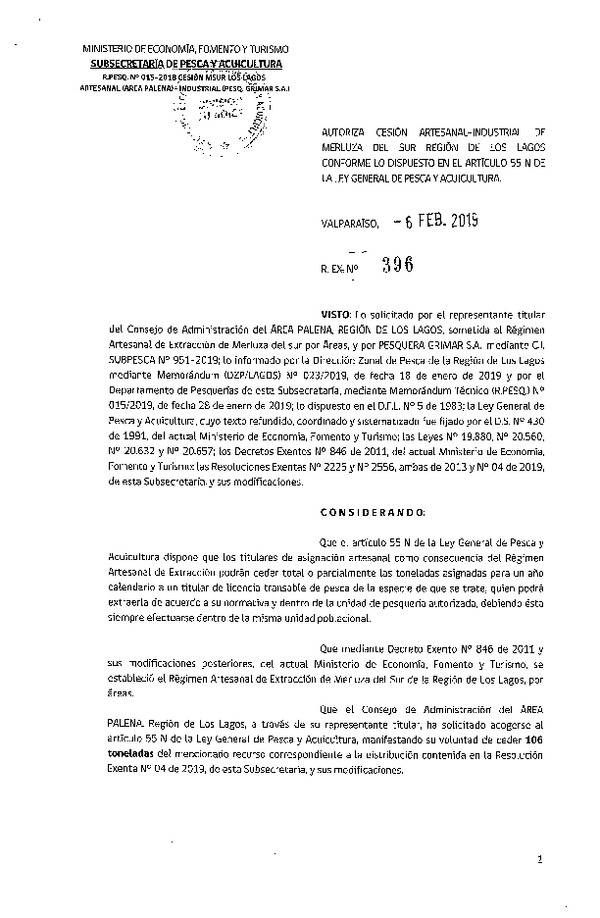 Res. Ex. N° 396-2019 Autoriza cesión artesanal-industrial de merluza del sur región de los lagos conforme lo dispuesto en el artículo 55 N de la ley general de pesca y acuicultura