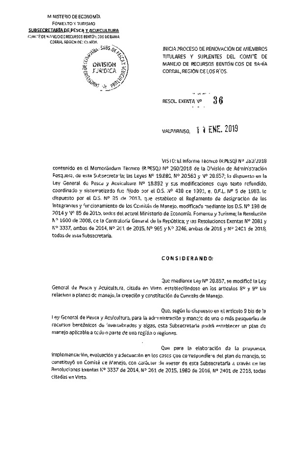 Res. Ex. N° 36-2019 Inicia Proceso de renovación de Miembros Titulares y Suplentes del Comité de manejo de Recursos Bentónicos de Bahía Corral, Región de Los Ríos. (F.D.O. 19-01-2019)