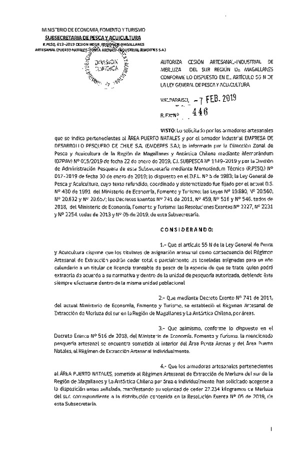 Res. Ex. N° 446-2019 Cesión Merluza del sur Región de Magallanes.