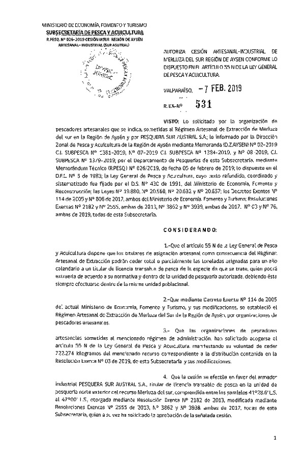 Res. Ex. N° 531-2019 Cesión Merluza del sur Región de Aysén.