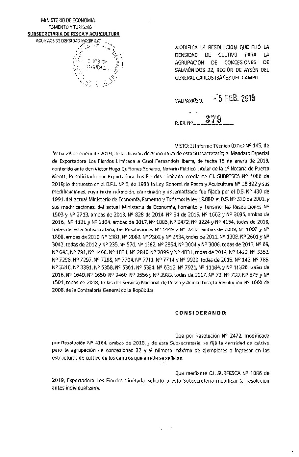 Res. Ex. N° 379-2019 Modifica Res. Ex. N° 2472-2018 Fija Densidad de Cultivo para la Agrupación de Concesiones de Salmónidos 32 Región de Aysén (Con Informe Técnico) (Publicado en Página Web 12-01-2019) (F.D.O. 16-02-2019)