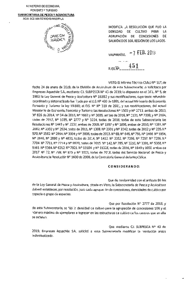 Res. Ex. N° 451-2019 Modifica Res. Ex. N° 2777-2018 Fija Densidad de Cultivo para la Agrupación de Concesiones de Salmónidos 10A. (Con Informe Técnico) (Publicado en Página Web 03-08-2018) (F.D.O. 16-02-2019)