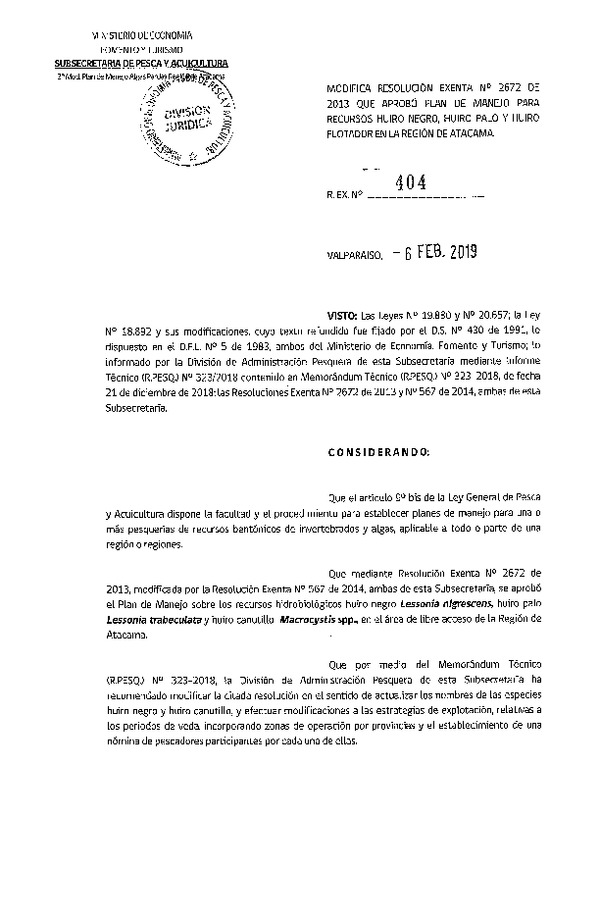 Res. Ex. Nº 404-2019 Modifica Res. Ex. Nº 2672-2013 Aprueba Plan de manejo para los recursos Huiro negro, Huiro palo y Huiro canutillo, Región de Atacama. (Publicado en Página Web 12-02-2019) (F.D.O. 16-02-2019)