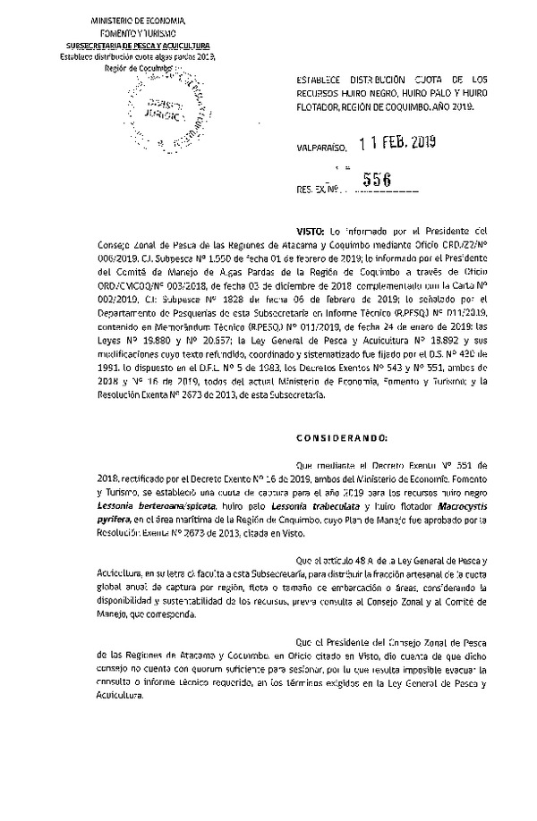 Res. Ex. N° 556-2019 Establece distribución cuota de los recursos huiro negro, huiro palo y huiro flotador, Región de Coquimbo, año 2019. (Publicado en Página Web 12-02-2019) (F.D.O. 22-02-2019)