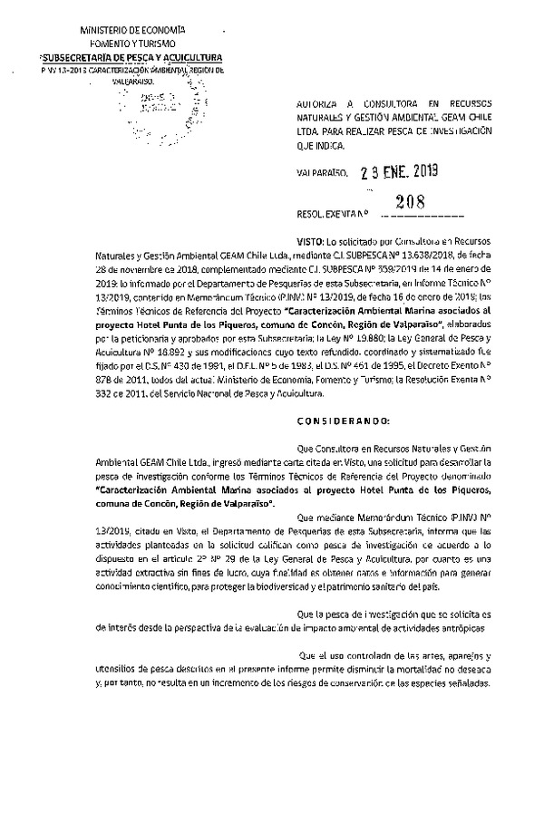 Res. Ex. N° 208-2019 Caracterización ambiental marina, comuna de Concón, Región de Valparaíso.