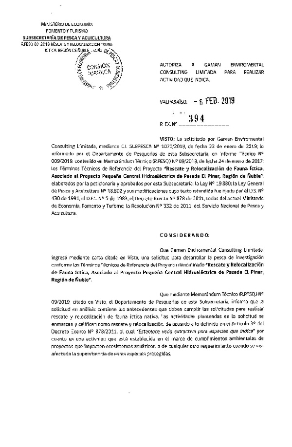 Res. Ex. N° 394-2019 Rescate y relocalización de fauna íctica, Región de Ñuble.