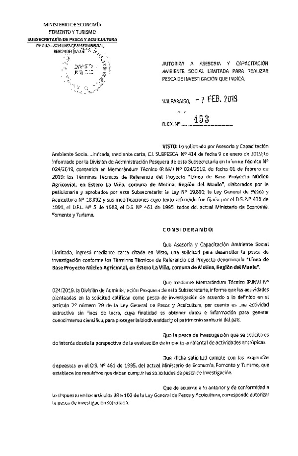 Res. Ex. N° 453-2019 Línea de base, estero La Viña, Región del Maule.