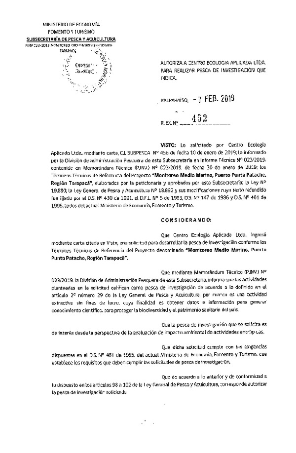 Res. Ex. N° 452-2019 Monitoreo medio marino, Región de Tarapacá.