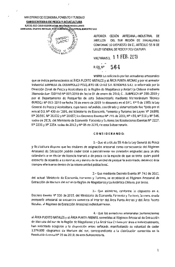 Res. Ex. N° 564-2019 Cesión Merluza del sur Región de Magallanes.