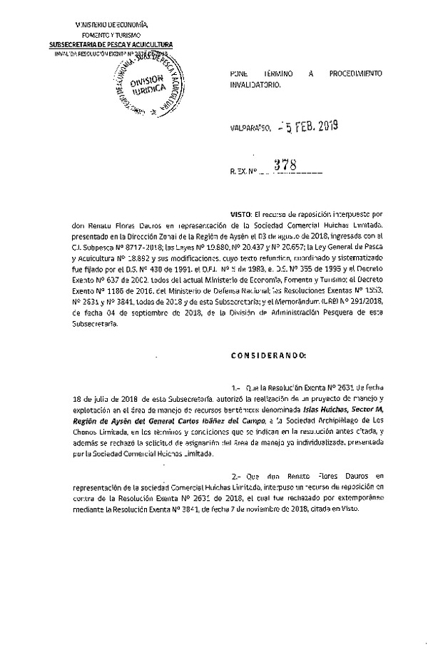 Res. Ex. N° 378-2019 Pone término a procedimiento invalidatorio.