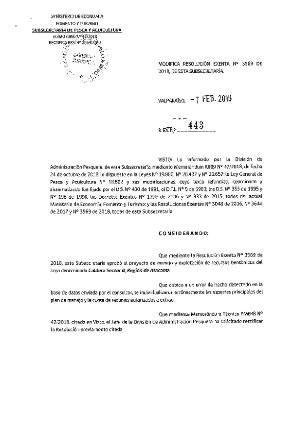 Res. Ex. N° 443-2019 Modifica Res. Ex. N° 3569-2018.