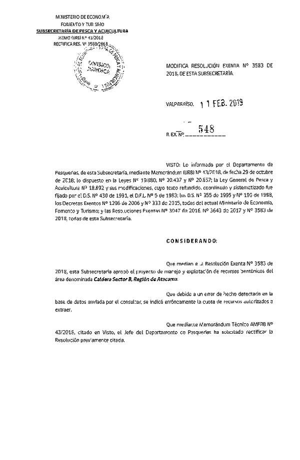 Res. Ex. N° 548-2019 Modifica Res. Ex. N° 3583-2018.