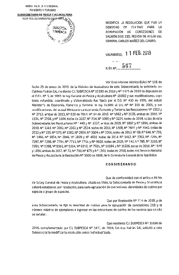 Res. Ex. N° 567-2019 Fija Densidad de Cultivo para la Agrupación de Concesiones de Salmónidos 21D Región de Aysén, (Con Informe Técnico) (Publicado en Página Web 13-02-2019) (F.D.O. 22-02-2019)