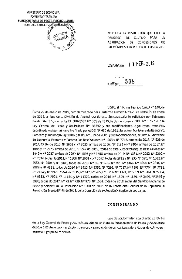 Res. Ex. N° 568-2019 Modifica Res. Ex. N° 2775-2018 Fija Densidad de Cultivo para la Agrupación de Concesiones de Salmónidos 12B (Con Informe Técnico) (Publicado en Página Web 13-02-2019) (F.D.O. 22-02-2019)