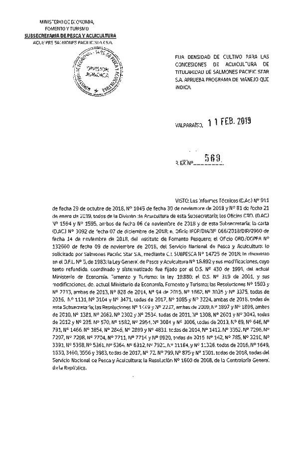 Res. Ex. N° 569-2019 Fija Densidad de Cultivo para las Concesiones de Acuicultura Salmones Pacific Star S.A.(Con Informe Técnico) (Publicado en Página Web 13-02-2019)