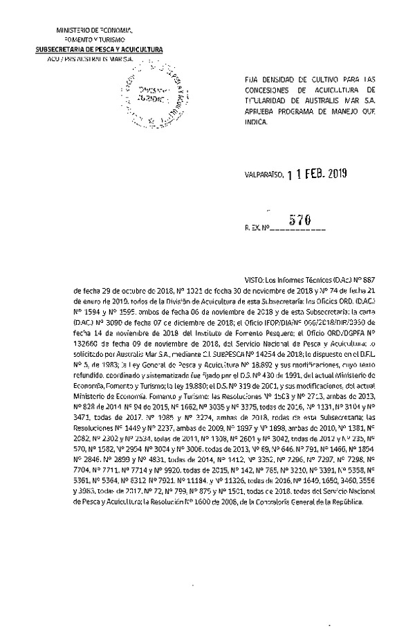 Res. Ex. N° 570-2019 Fija Densidad de Cultivo para las Concesiones de Acuicultura Australis Mar S.A.(Con Informe Técnico) (Publicado en Página Web 13-02-2019)