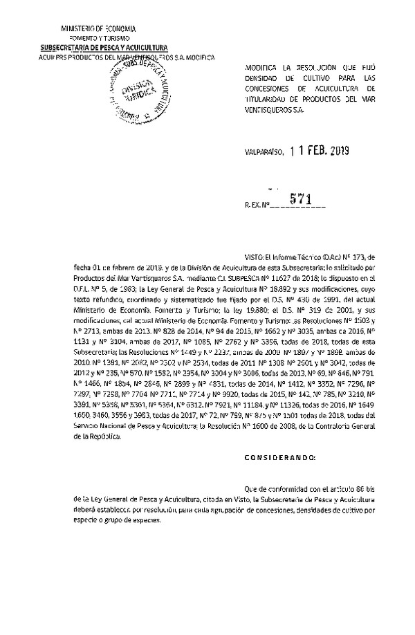 Res. Ex. N° 571-2019 Modifica Res. Ex. N° 2762-2018 Fija Densidad de Cultivo para las Concesiones de Titularidad. (Con Informe Técnico) (Publicado en Página Web 13-02-2019)