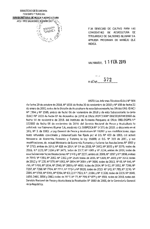 Res. Ex. N° 572-2019 Fija Densidad de Cultivo para las Concesiones de Salmones Blumar S.A. (Con Informe Técnico) (Publicado en Página Web 13-02-2019)