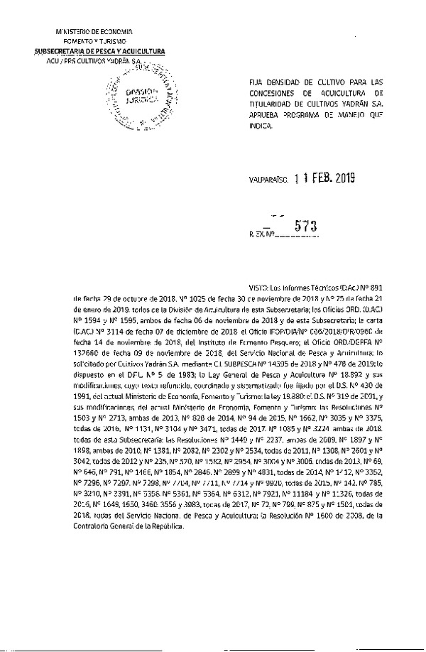 Res. Ex. N° 573-2019 Fija Densidad de Cultivo para las Concesiones de Cultivos Yadrán S.A. (Con Informe Técnico) (Publicado en Página Web 13-02-2019)