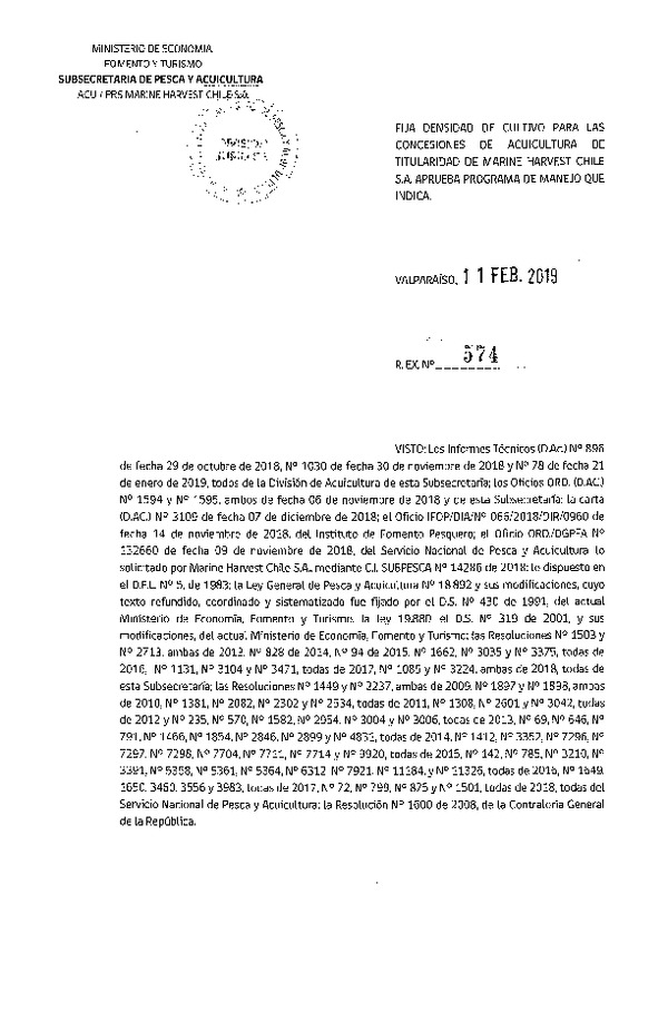 Res. Ex. N° 574-2019 Fija Densidad de Cultivo para las Concesiones de Marine Harvest Chile S.A. (Con Informe Técnico) (Publicado en Página Web 13-02-2019)