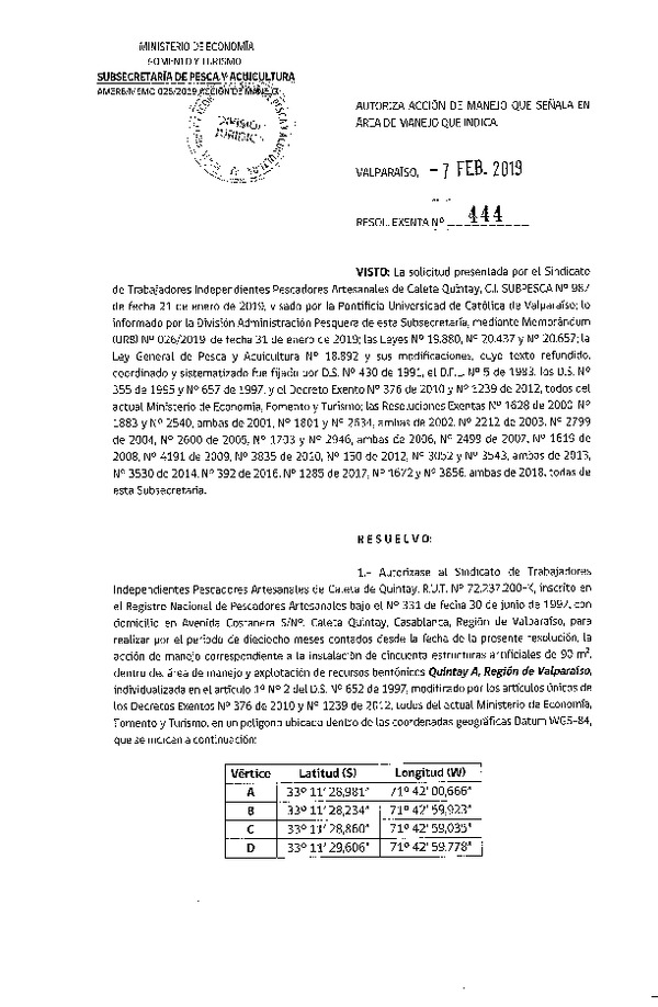 Res. Ex. N° 444-2019 Autoriza acción de manejo.