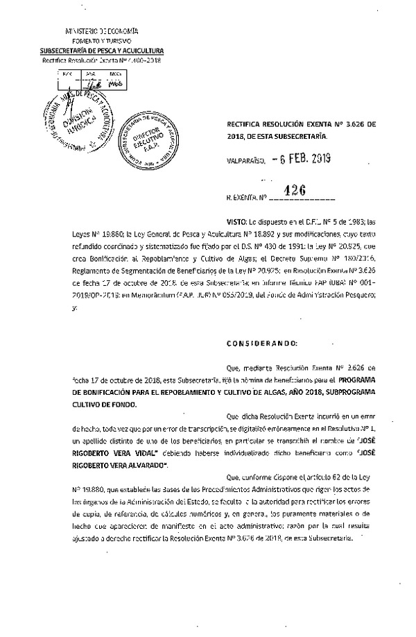 Res. Ex. N° 426-2019 Rectifica resolución exenta N3.626 de 2018, de esta Subsecretaría (Publicado en Página Web 13-02-2019)