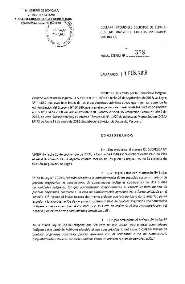 Res. Ex. N° 578-2019 Declara inadmisible solicitud de ECMPO que Indica.