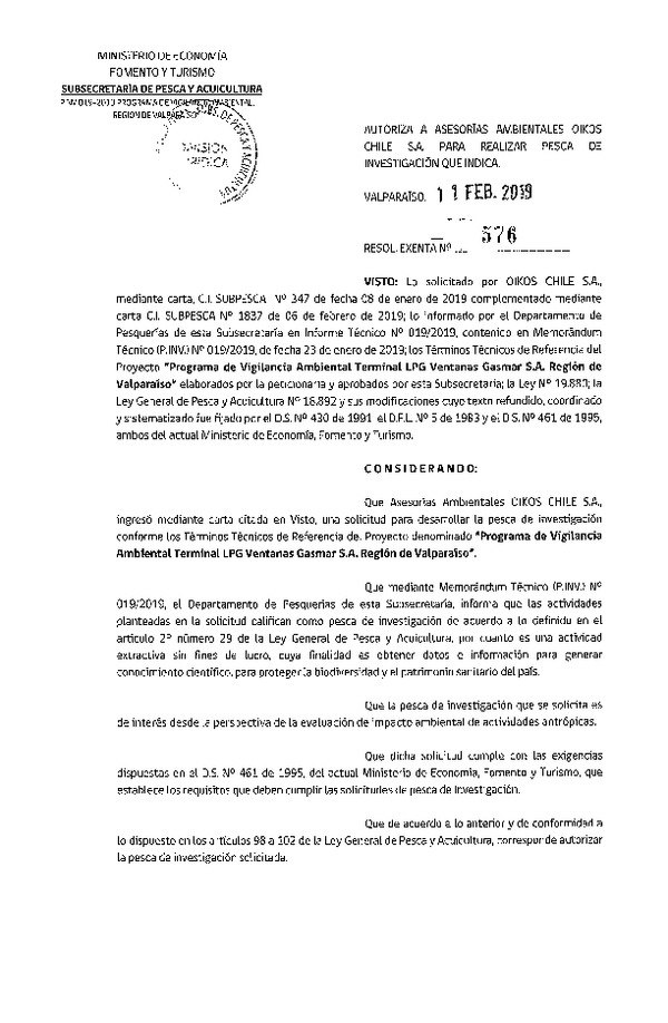 Res. Ex. N° 576-2019 Programa de vigilancia ambiental, Región de Valparaíso.