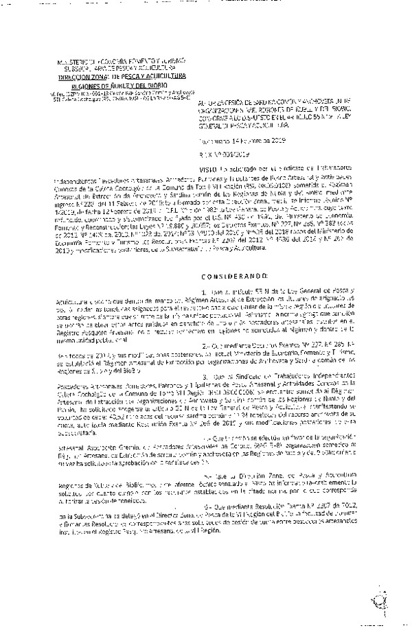 Res. Ex. N° 01-2019 (DZP VIII) Autoriza Cesión Anchoveta y Sardina común, Regiones de Ñuble y del Biobío.