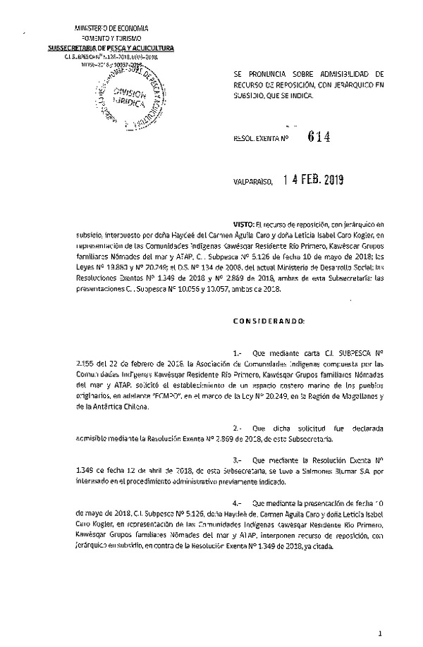 Res. Ex. N° 614-2019 Se Pronuncia sobre admisibilidad de recurso de reposición, con jerárquico en subsidio que se indica. (Publicado en Página Web 15-02-2019)