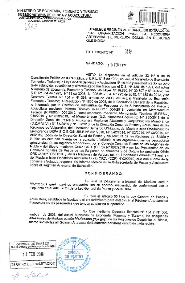 Dec. Ex. N° 29-2019 Establece Régimen Artesanal de Extracción Por Organización Pesquería Merluza Común, Regiones de Coquimbo al Biobío, 2019-2028. (Publicado en Página Web 15-02-2019)