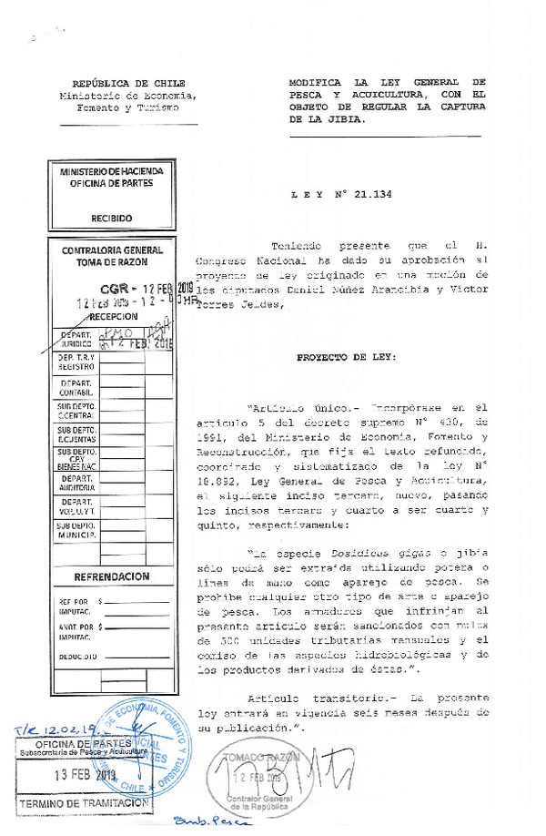 Ley N° 21.134 Modifica la Ley General de Pesca y Acuicultura con el Objeto de Regular la Captura de la Jibia. (F.D.O. 16-02-2019)