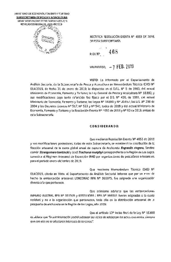 Res. Ex. N° 468-2019 Rectifica Resolución Exenta N°4653 de 2018, de esta Subsecretaría (Publicado en Página Web 16-02-2019)