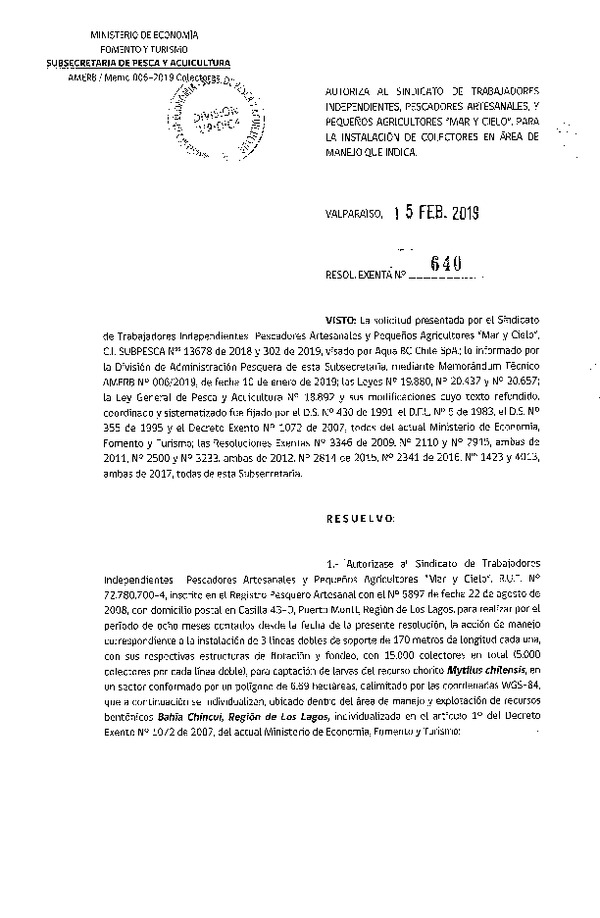 Res. Ex. N° 640-2019 Instalación de Colectores.