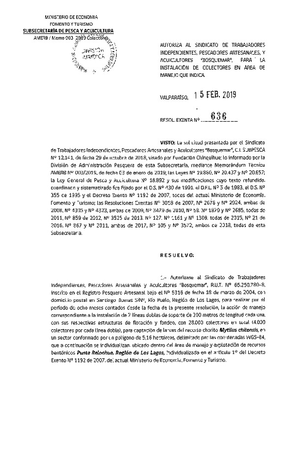 Res. Ex. N° 636-2019 Instalación de Colectores.