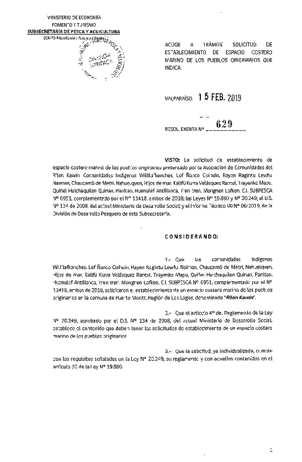 Res. Ex. N° 628-2019 Acoge a trámite solicitud de ECMPO Caguach. (Publicado en Página Web 18-02-2019)