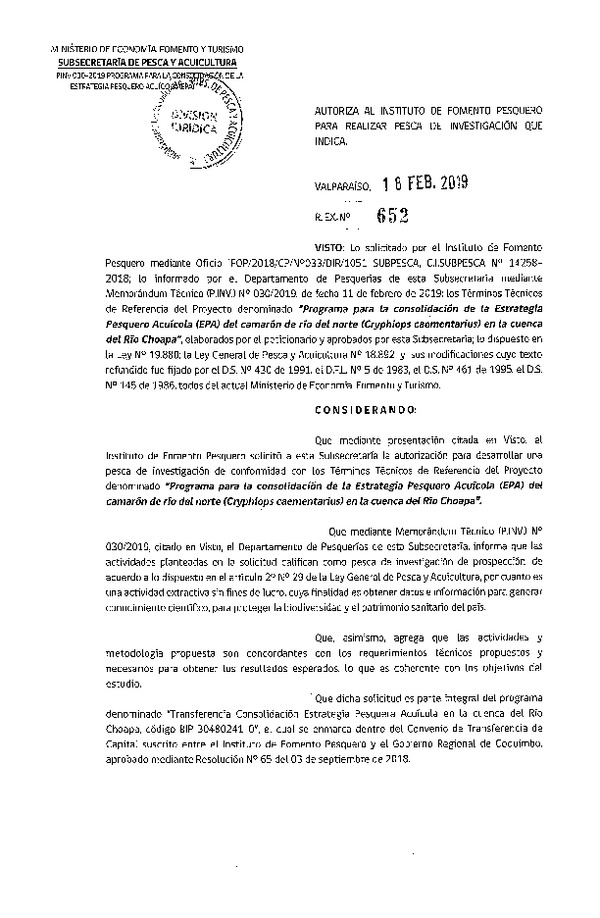 Res. Ex. N° 652-2019 Programa para la consolidación de la estrategia Pesquero Acuícola (EPA), del camarón de río.