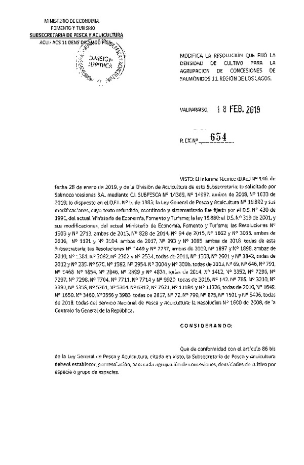 Res. Ex. N° 654-2019 Modifica Res. Ex. N° 393-2018 Fija Densidad de Cultivo para la Agrupación de Concesiones de Salmónidos 11, X Región. (Con Informe Técnico) (Publicado en Página Web 19-02-2019) (F.D.O. 26-02-2019)