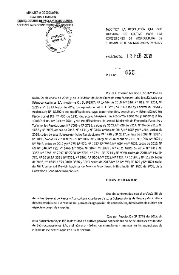 Res. Ex. N° 655-2019 Modifica Res. Ex. N° 2768-2018 Fija Densidad de Cultivo para las Concesiones de Titularidad. (Con Informe Técnico) (Publicado en Página Web 19-02-2019)