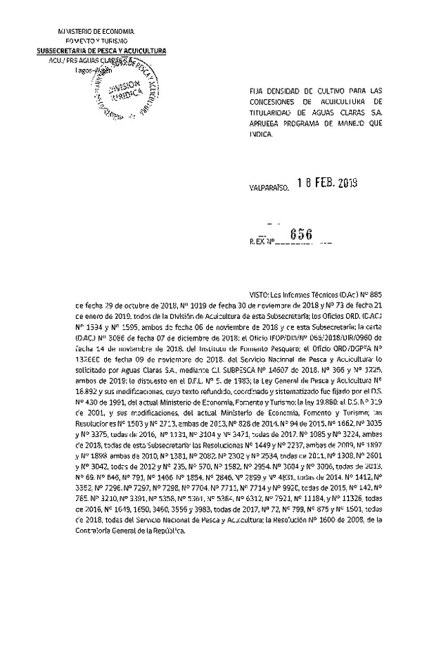 Res. Ex. N° 656-2019 Fija Densidad de Cultivo para las Concesiones de Titularidad. (Con Informe Técnico) (Publicado en Página Web 19-02-2019)