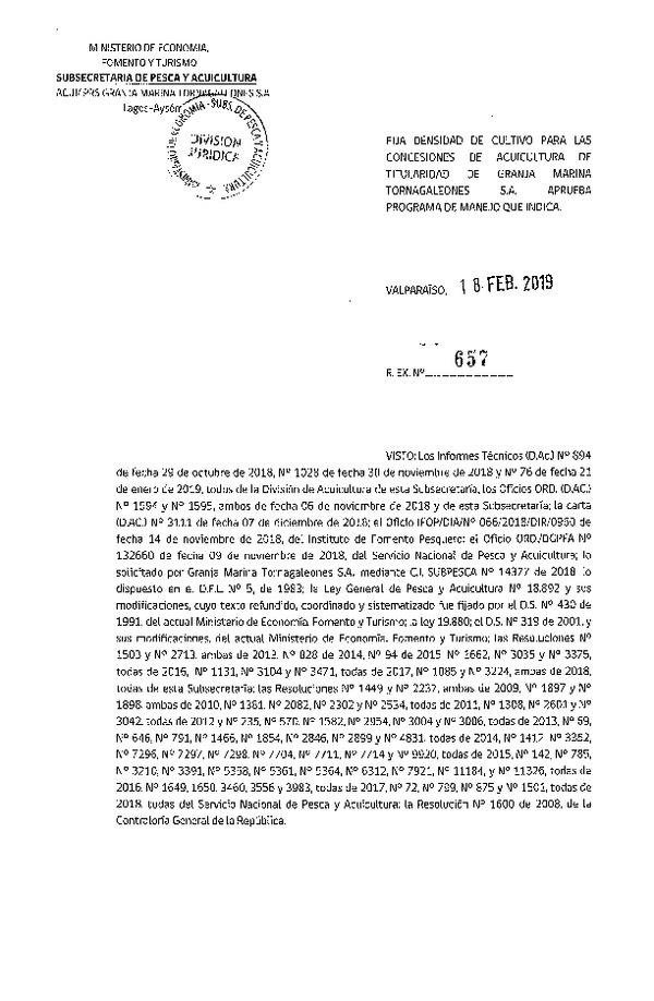 Res. Ex. N° 657-2019 Fija Densidad de Cultivo para las Concesiones de Titularidad. (Con Informe Técnico) (Publicado en Página Web 19-02-2019)