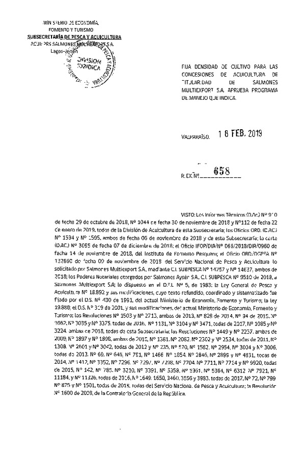 Res. Ex. N° 658-2019 Fija Densidad de Cultivo para las Concesiones de Titularidad. (Con Informe Técnico) (Publicado en Página Web 19-02-2019)