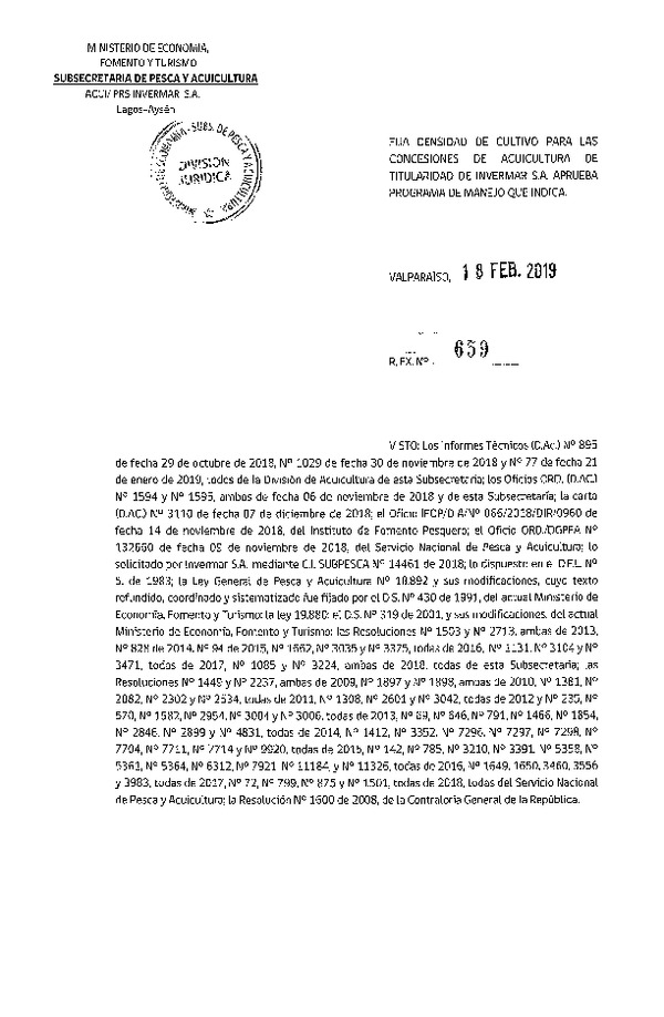 Res. Ex. N° 659-2019 Fija Densidad de Cultivo para las Concesiones de Titularidad. (Con Informe Técnico) (Publicado en Página Web 19-02-2019)