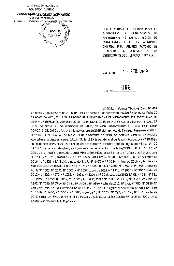 Res. Ex. N° 660-2019 Fija Densidad de Cultivo para la Agrupación de Concesiones de Salmónidos 46, Región de Magallanes y de la Antártica Chilena. (Con Informe Técnico) (Publicado en Página Web 19-02-2019) (F.D.O. 26-02-2019)