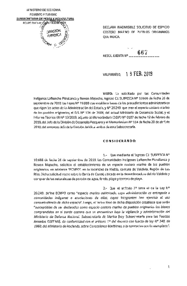 Res. Ex. N° 667-2019 Declara inadmisible solicitud de ECMPO que indica. (Publicado en Página Web 20-02-2019)