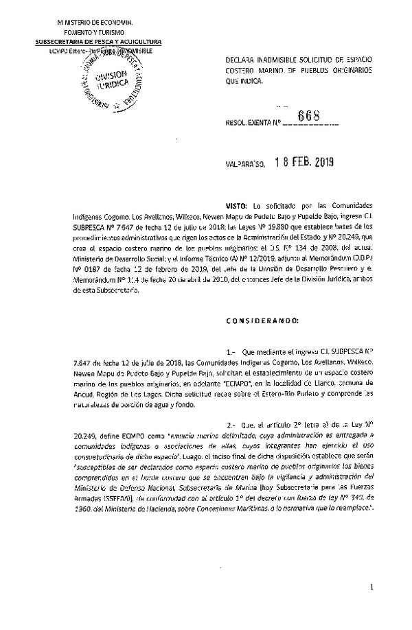 Res. Ex. N° 668-2019 Declara inadmisible solicitud de ECMPO que indica. (Publicado en Página Web 20-02-2019)
