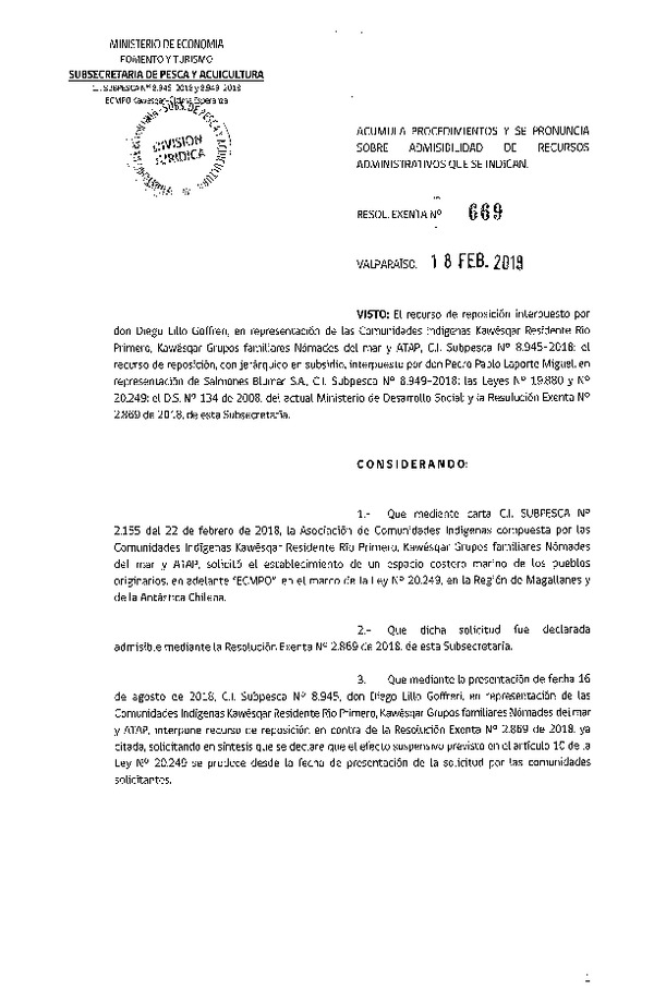 Res. Ex. N° 669-2019 Acumula procedimientos y se pronuncia sobre admisibilidad de recursos administrativos que se indican. (Publicado en Página Web 20-02-2019)