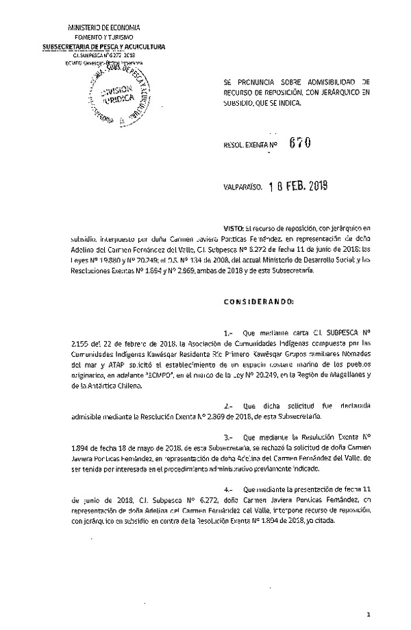 Res. Ex. N° 670-2019 Se pronuncia sobre admisibilidad de recurso de reposición, con jerárquico en subsidio que se indica. (Publicado en Página Web 20-02-2019)